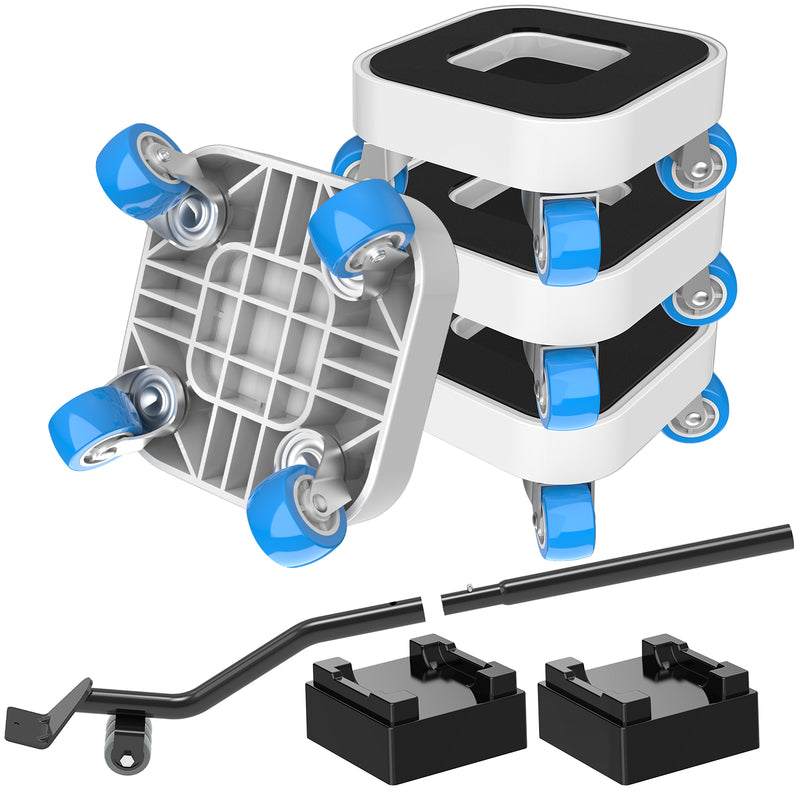 Furniture moving dolly set with four white and blue platforms and a lift tool on a light background.