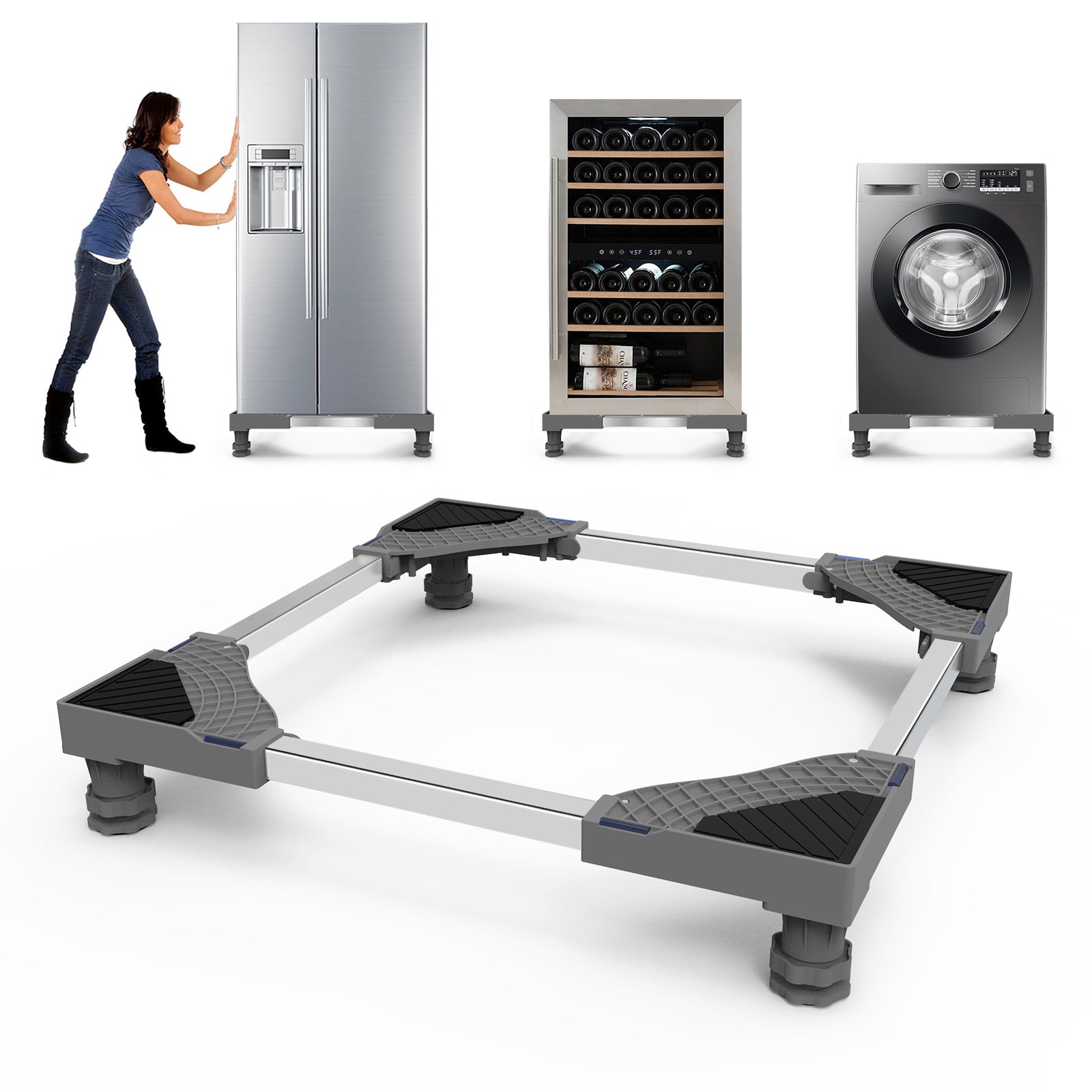 Adjustable washing machine holder with four feet, grey stainless steel base