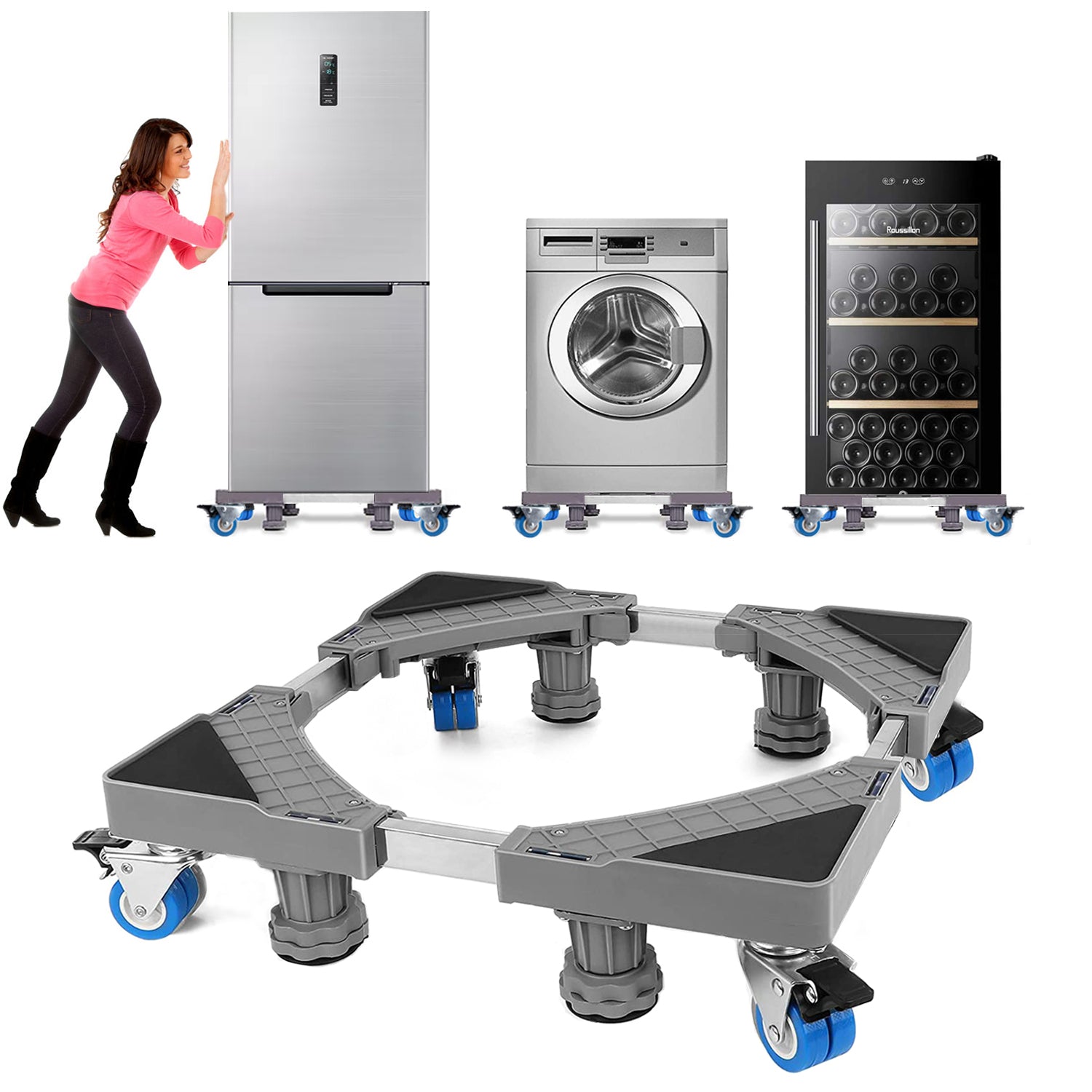 Washing machine base with 8 feet and 4 wheels, adjustable size 41.5-65 cm