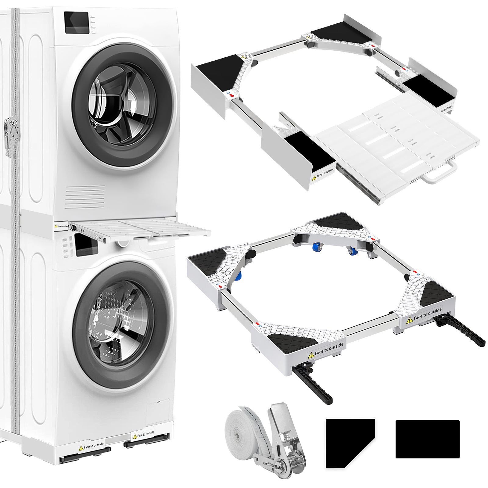 Complete setup of stacked washer and dryer with stacking kit and movable base