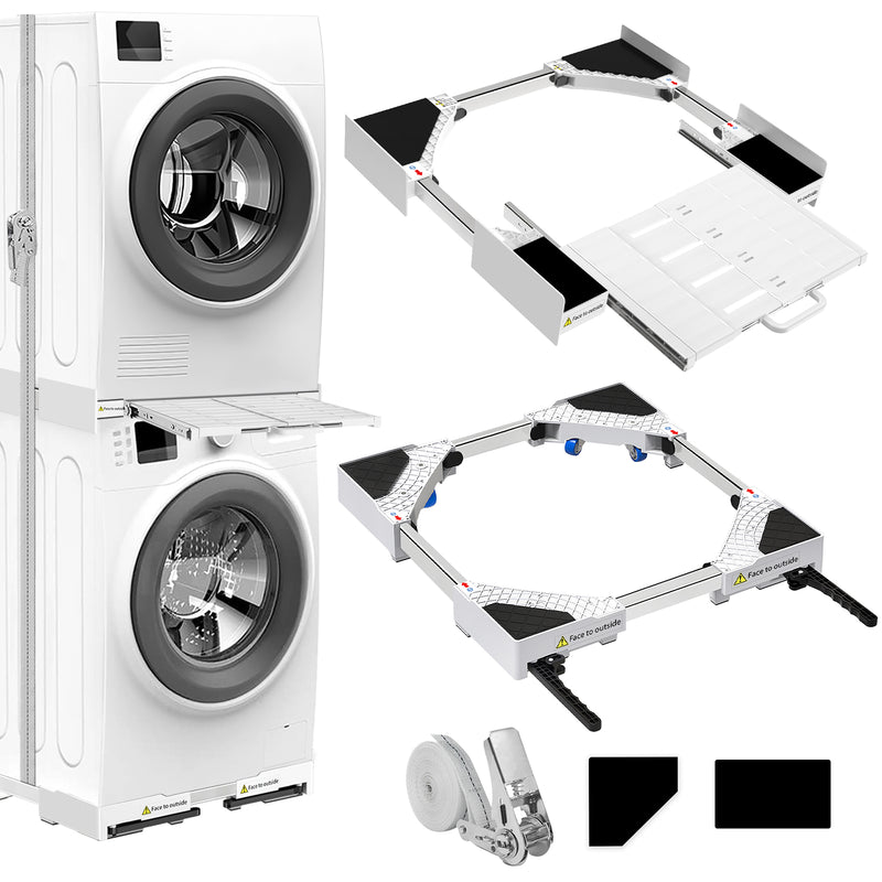 Complete setup of stacked washer and dryer with stacking kit and movable base