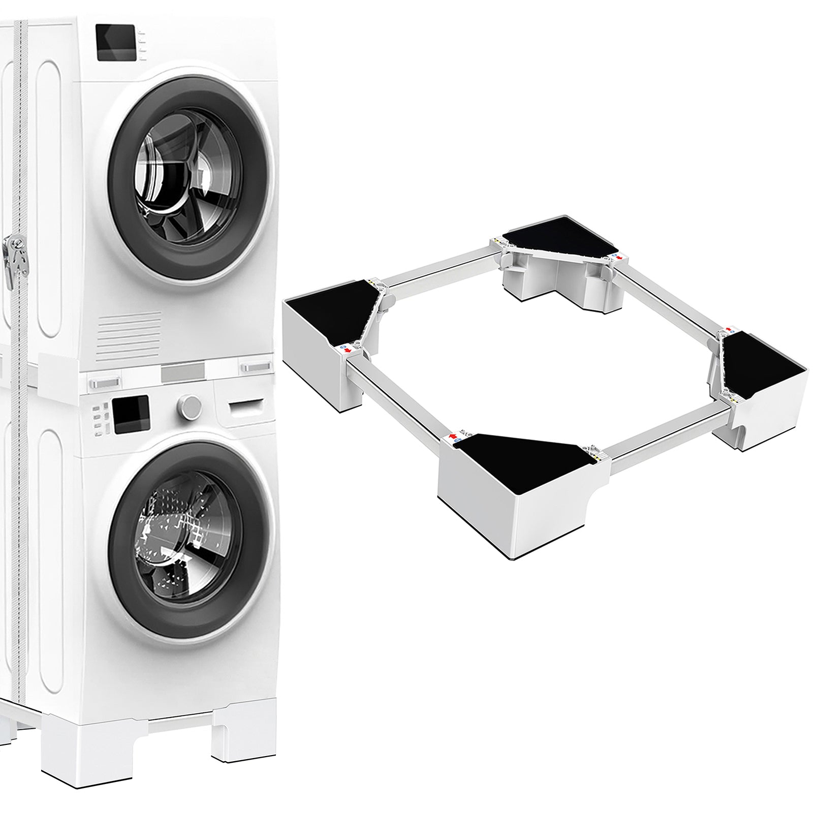 Adjustable trolley mobile stand with plastic storage cabinet for refrigerator and washing machine use.