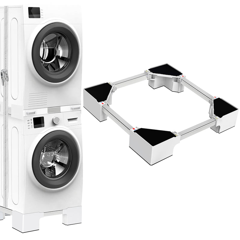 Adjustable trolley mobile stand with plastic storage cabinet for refrigerator and washing machine use.