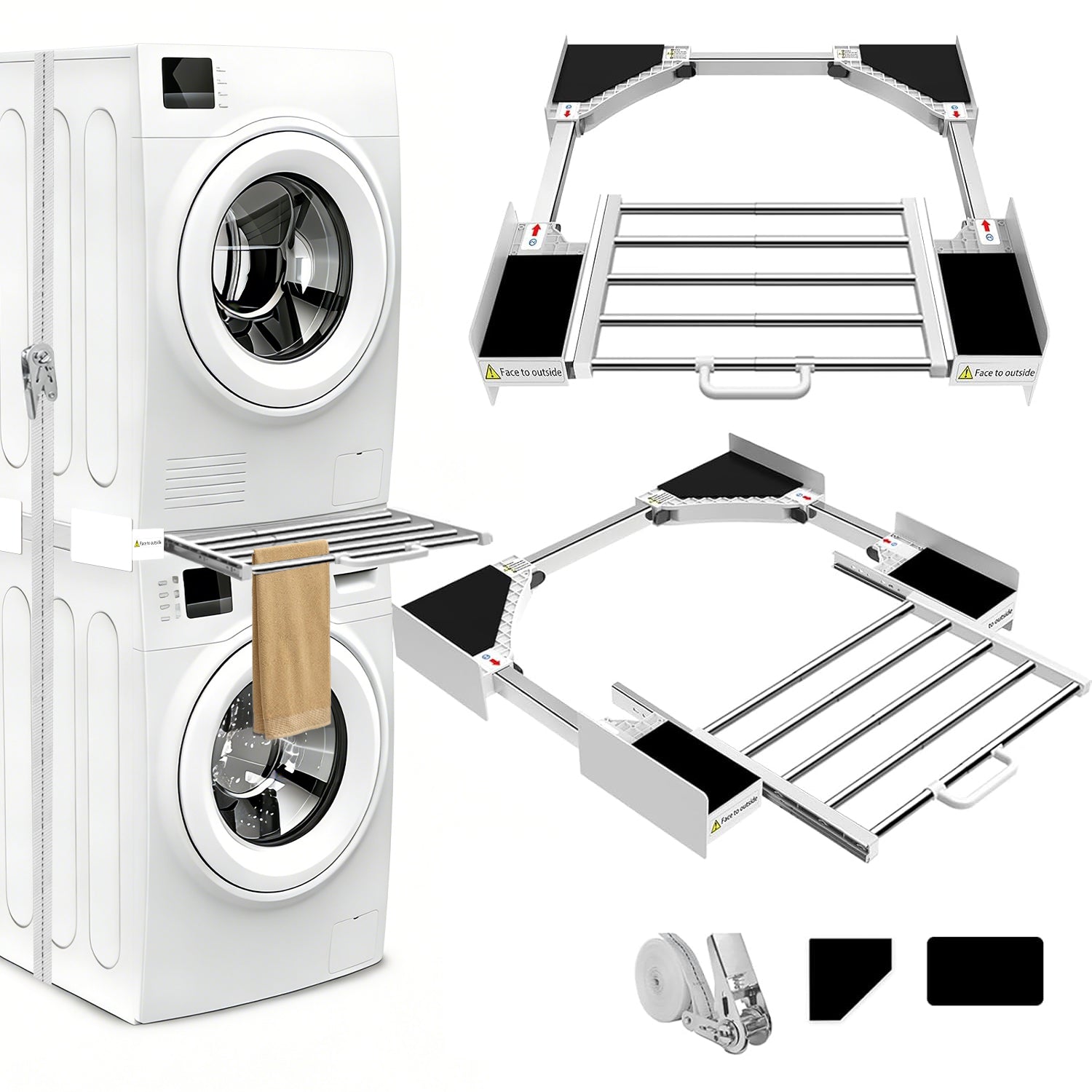 Universal washer dryer stacking kit on white background