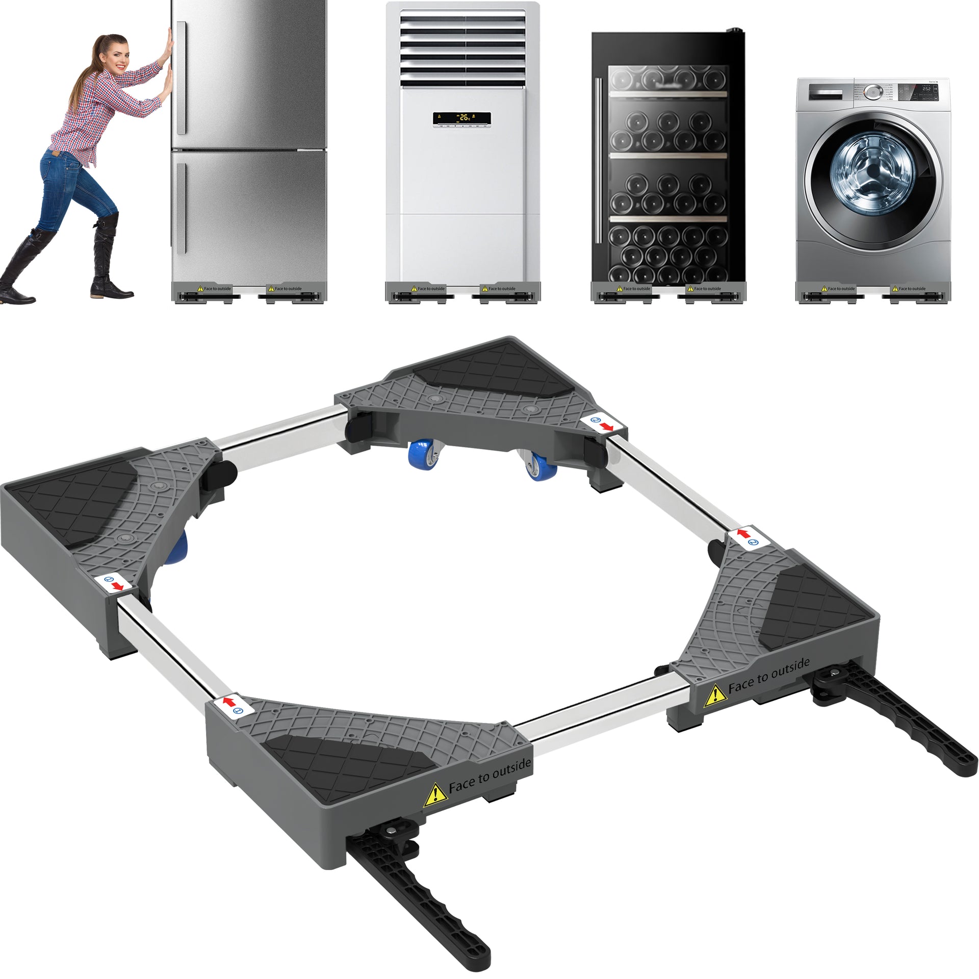 Grey adjustable washing machine stand with wheels and brakes, empty on floor