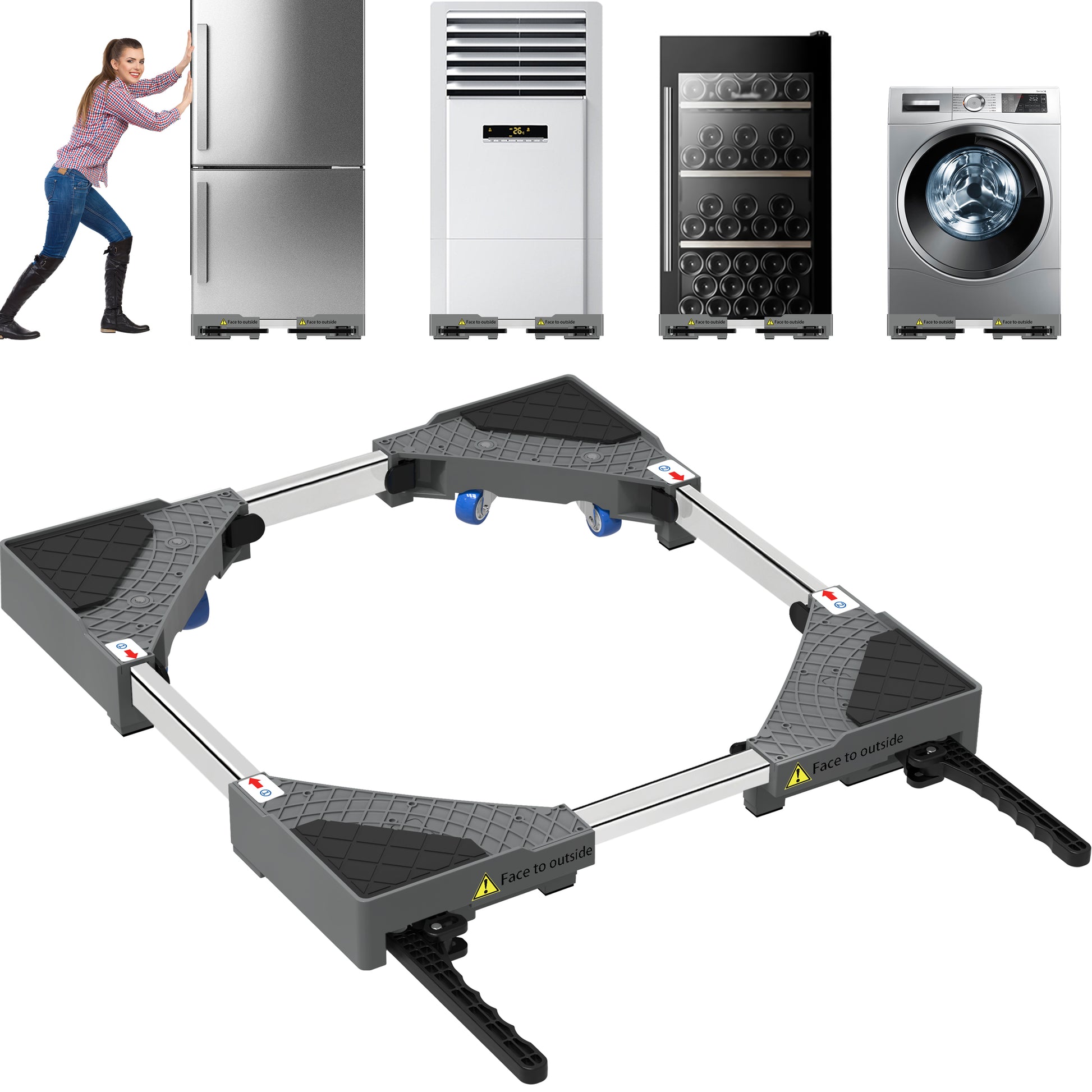 Grey adjustable washing machine stand with wheels and brakes, empty on floor