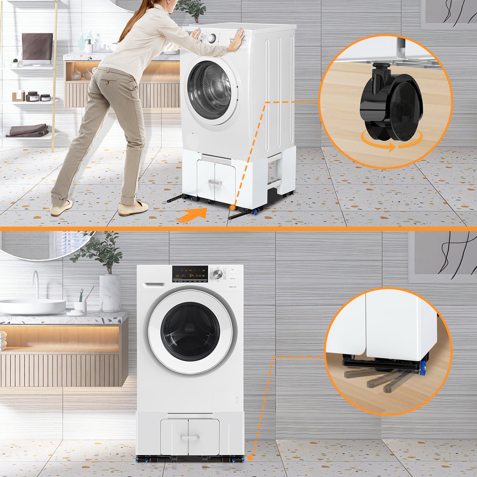 Washing machine stand with drawer open, showing storage compartment for laundry supplies.