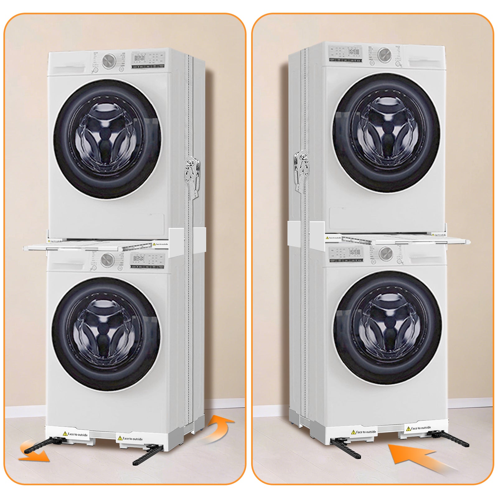 Universal stacking kit and movable base for washer and dryer, adjustable size