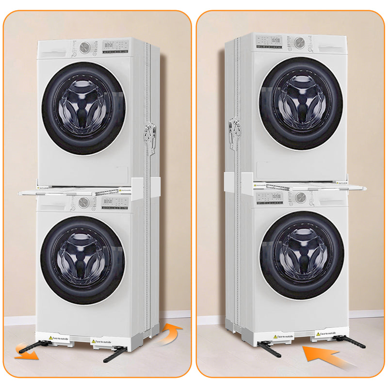 Universal stacking kit and movable base for washer and dryer, adjustable size