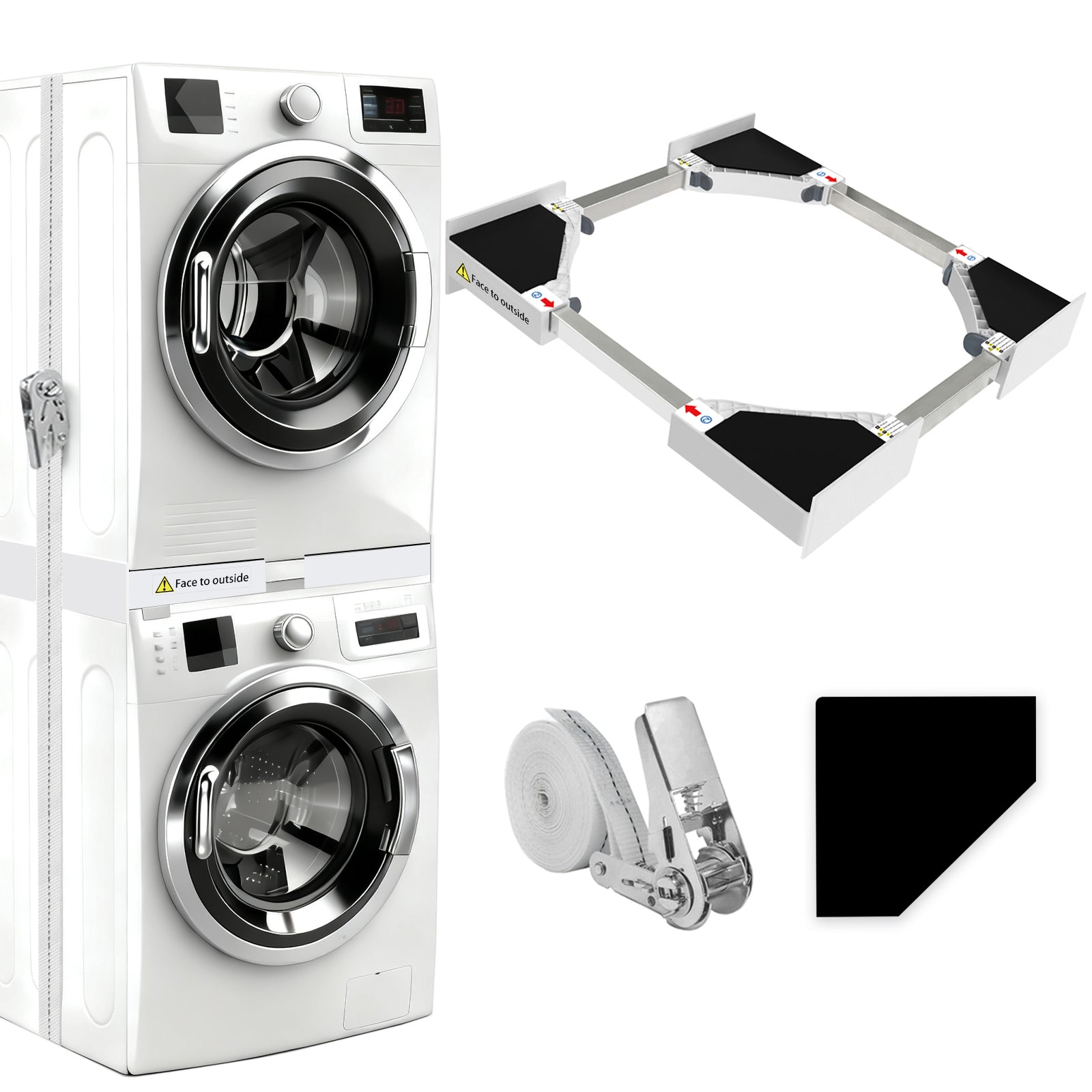 Universal plastic stacking kit for washing machine and dryer on white background