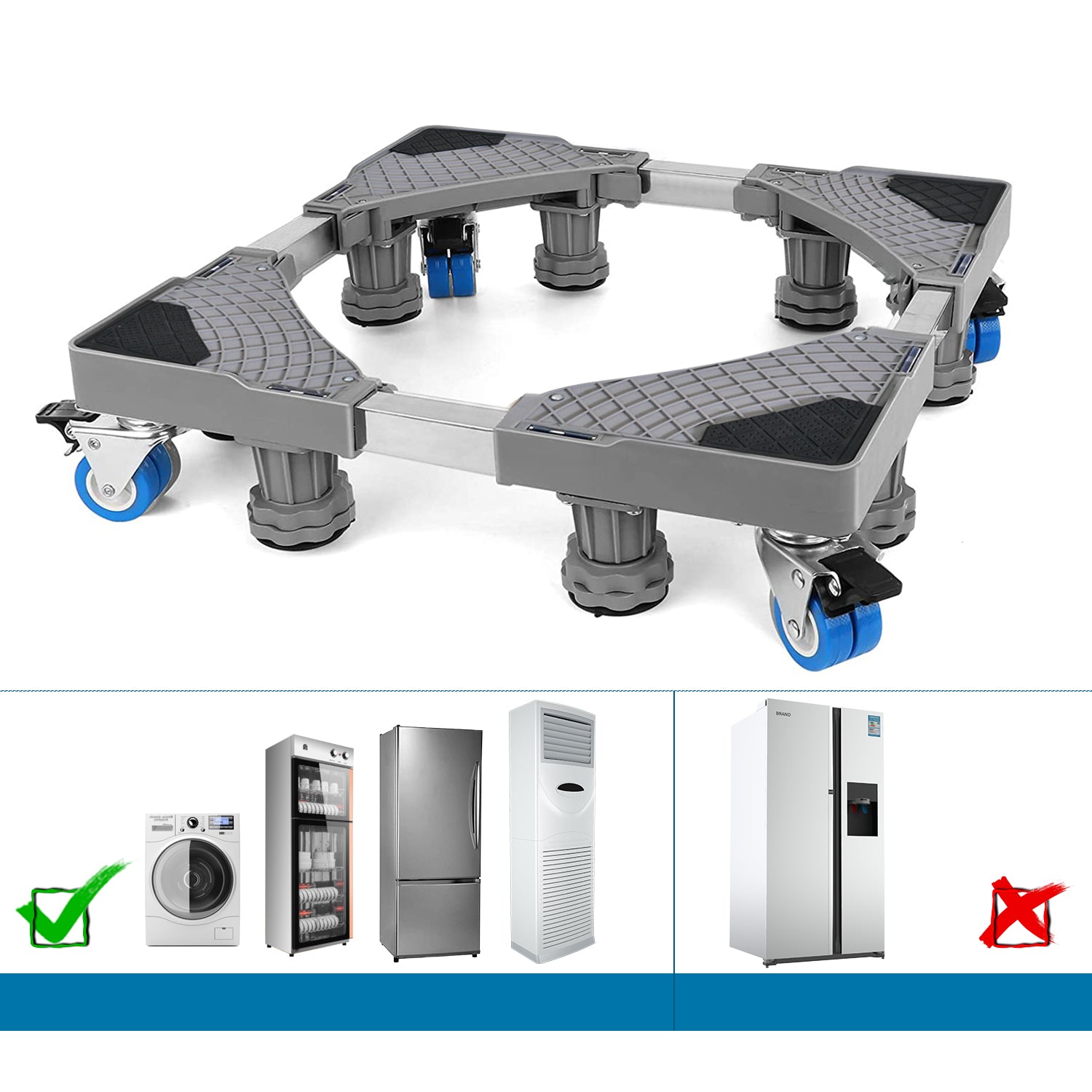 NIUXX washing machine base with 8 feet and 4 wheels, adjustable size, non-slip and shock absorbing.