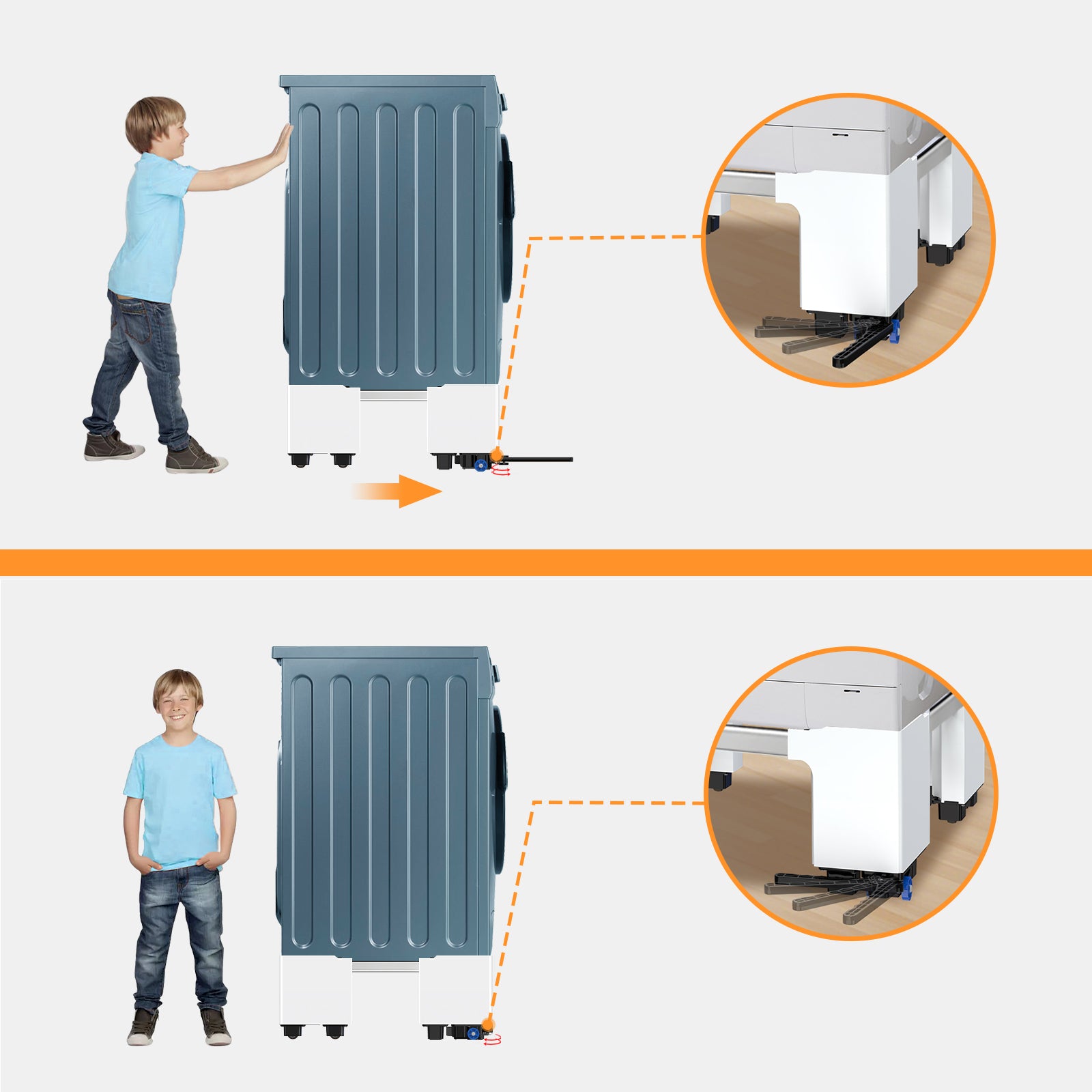 Storage drawer opened on the washing machine pedestal, ideal for detergent or supplies.