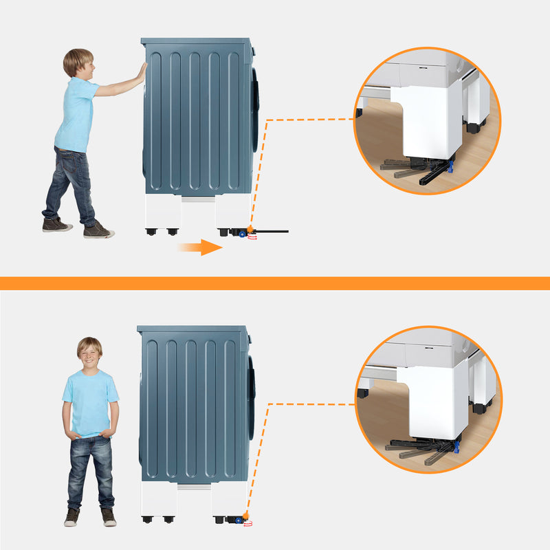 Storage drawer opened on the washing machine pedestal, ideal for detergent or supplies.