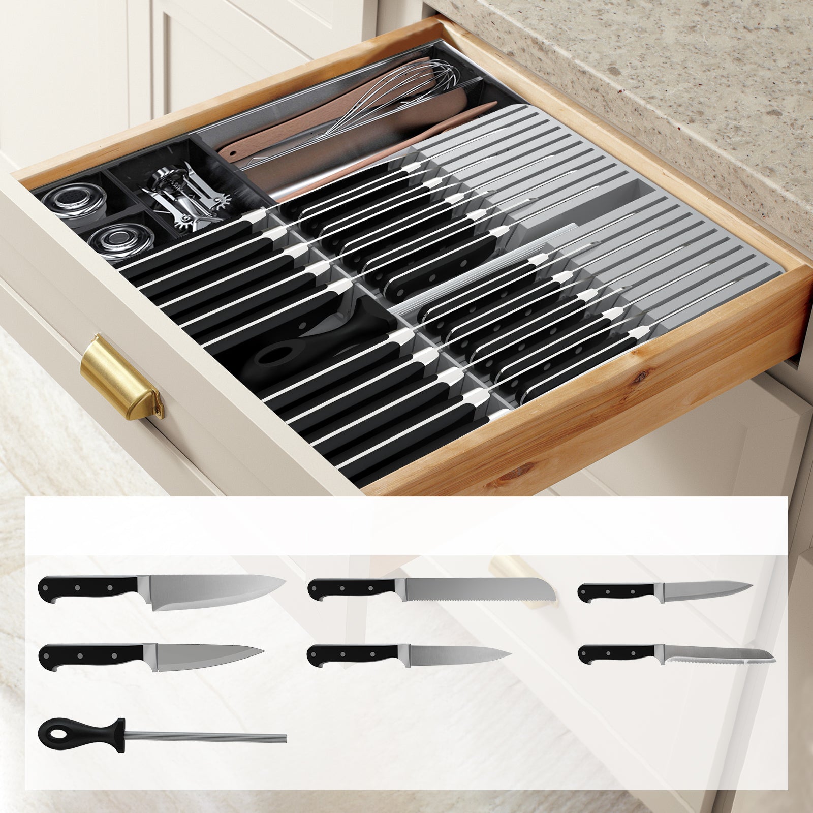 Top view of wooden knife block drawer showing organized slots