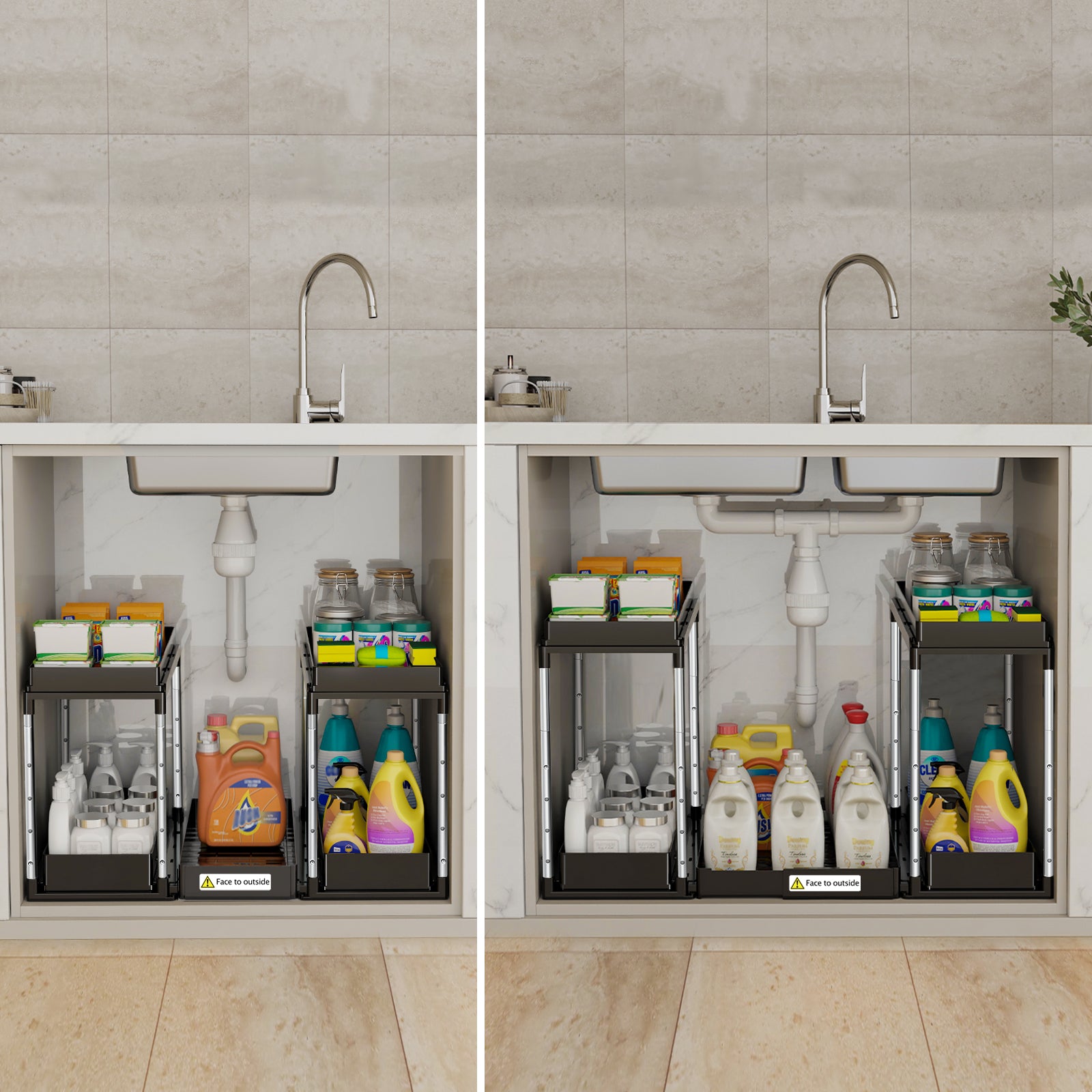 Under sink cabinet organizer with two tiers and sliding drawers.