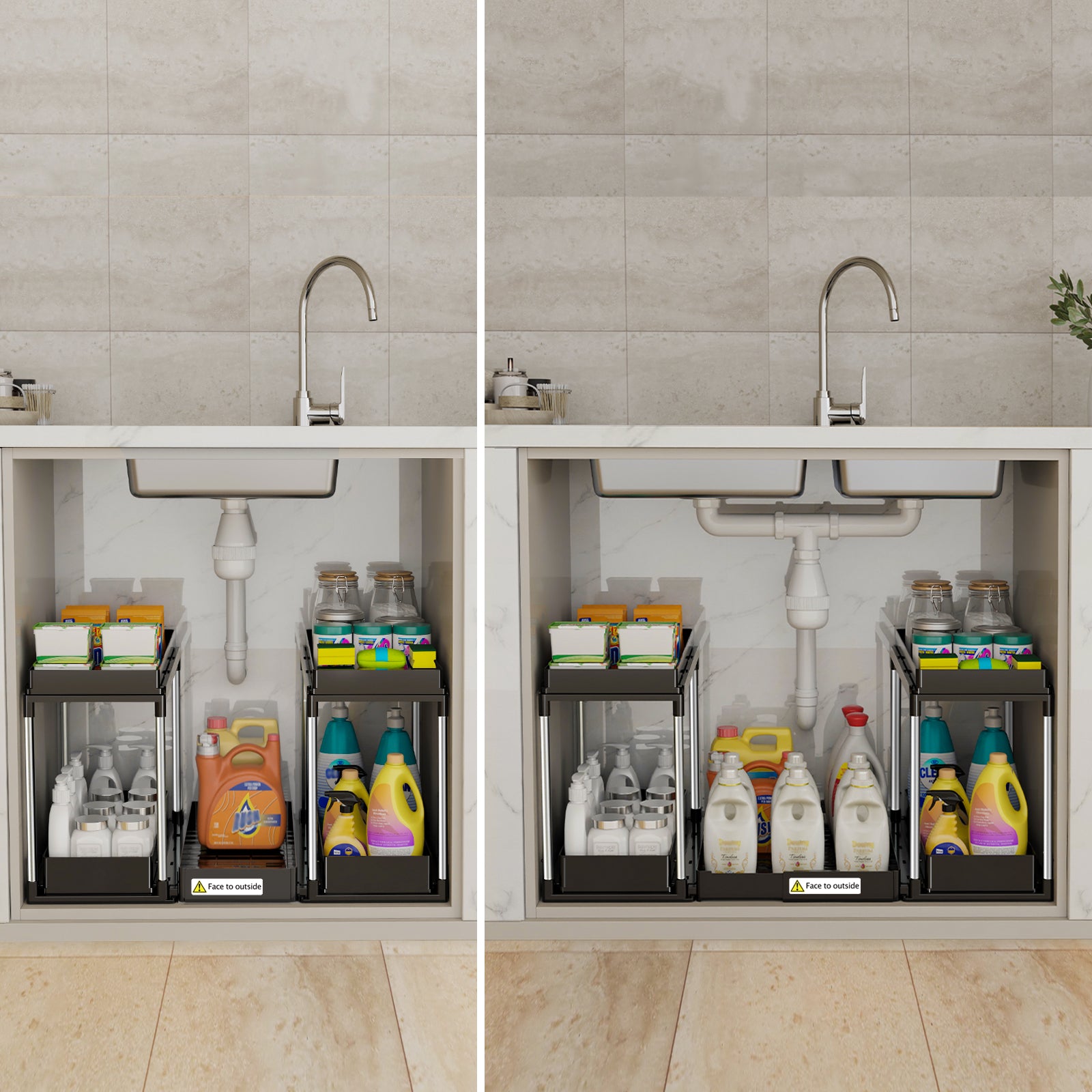 Pull-out center drawer of 2-tier under sink organizer for tall bottles