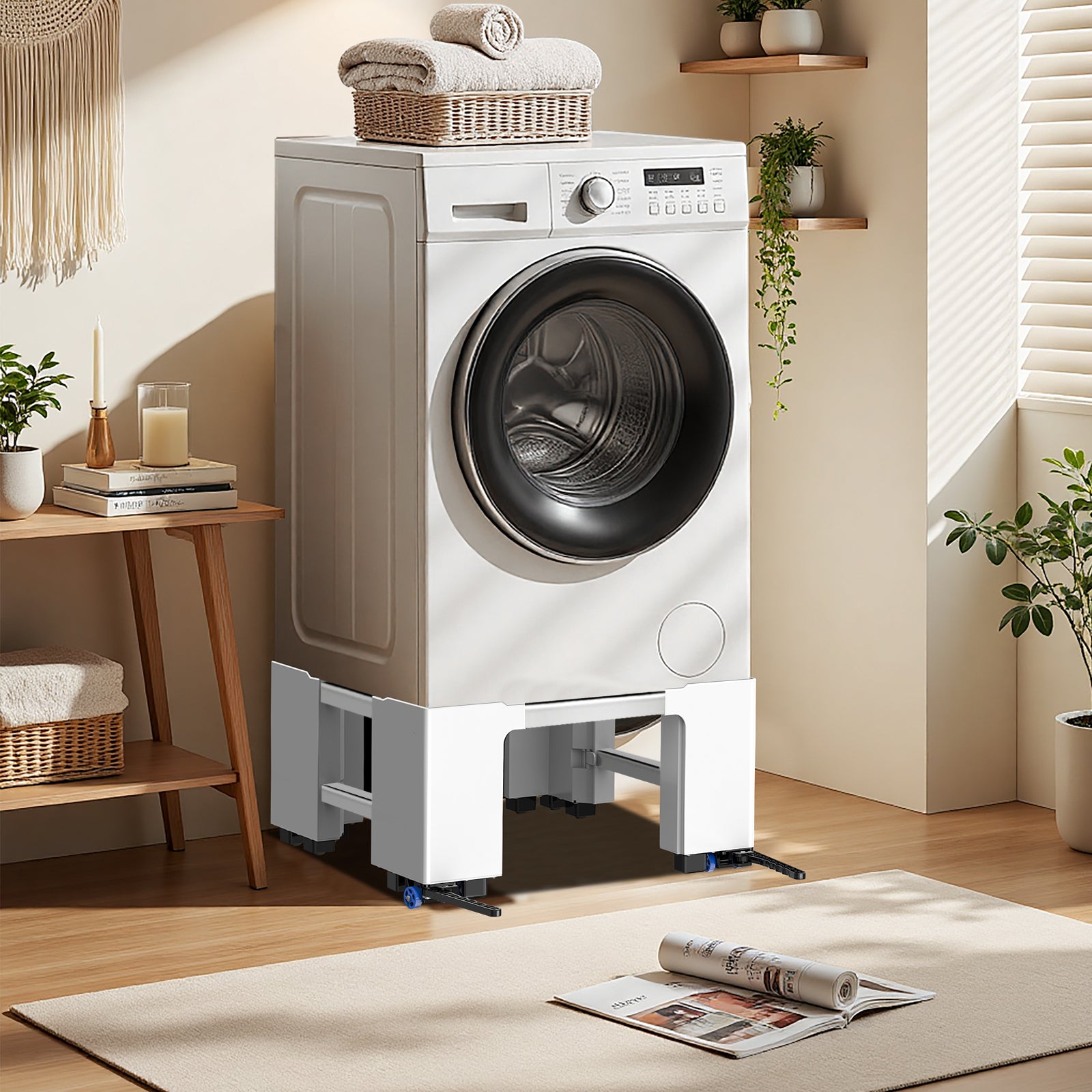 Adjustable width brackets on washing machine pedestal