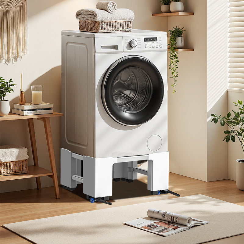 Adjustable width brackets on washing machine pedestal