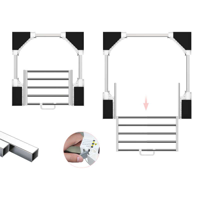 Stacking kit with pull-out sliding shelf extended