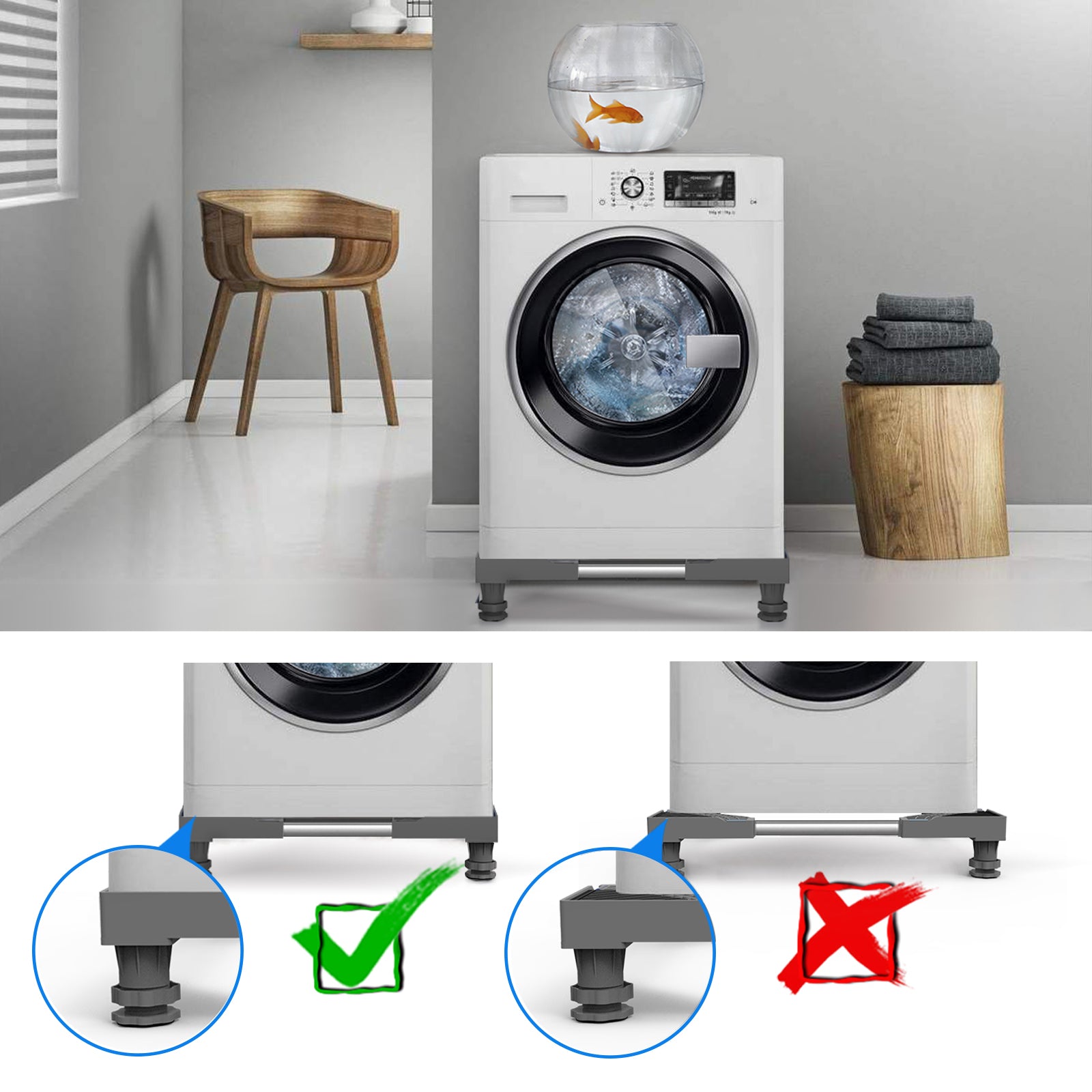 Washing machine holder placed under a front-load washer for support