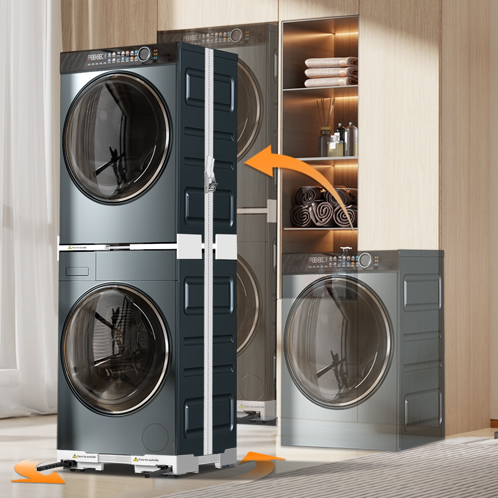 Adjustable frame with ratchet rope securing dryer on washing machine