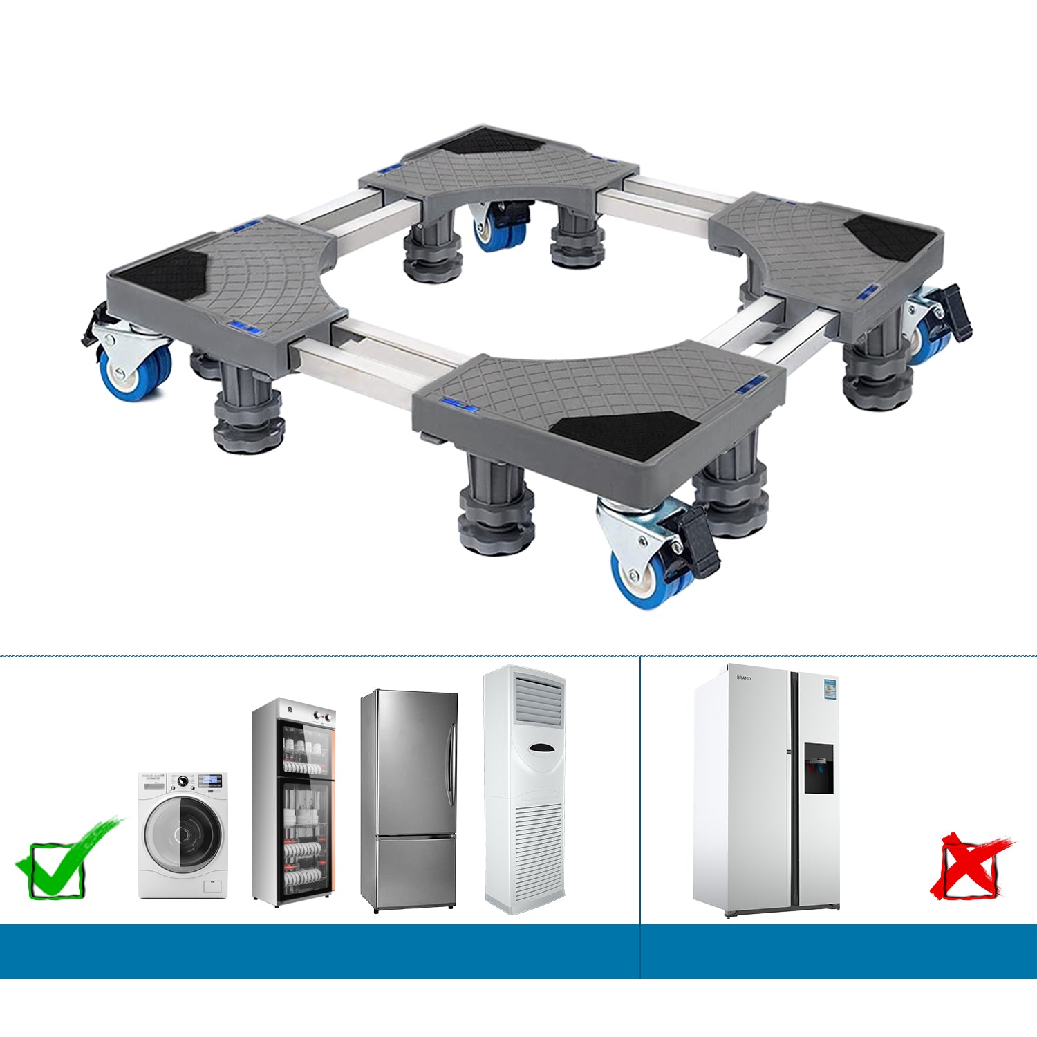 Adjustable washing machine base extended to show length variation