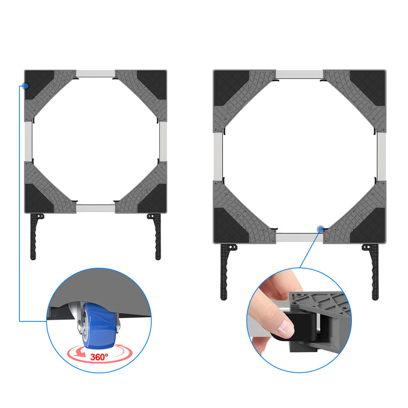 Washing machine stand supporting a washer, with wheels and locking brakes visible
