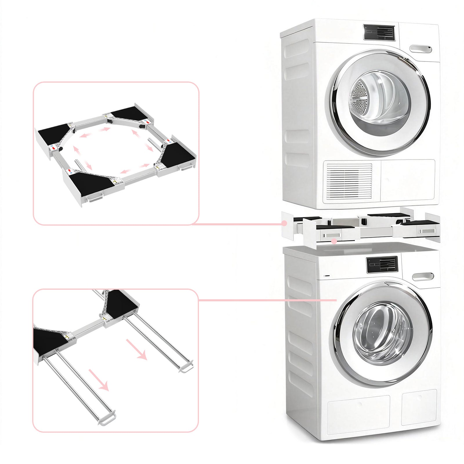 Washer and dryer stacked using universal stacking kit