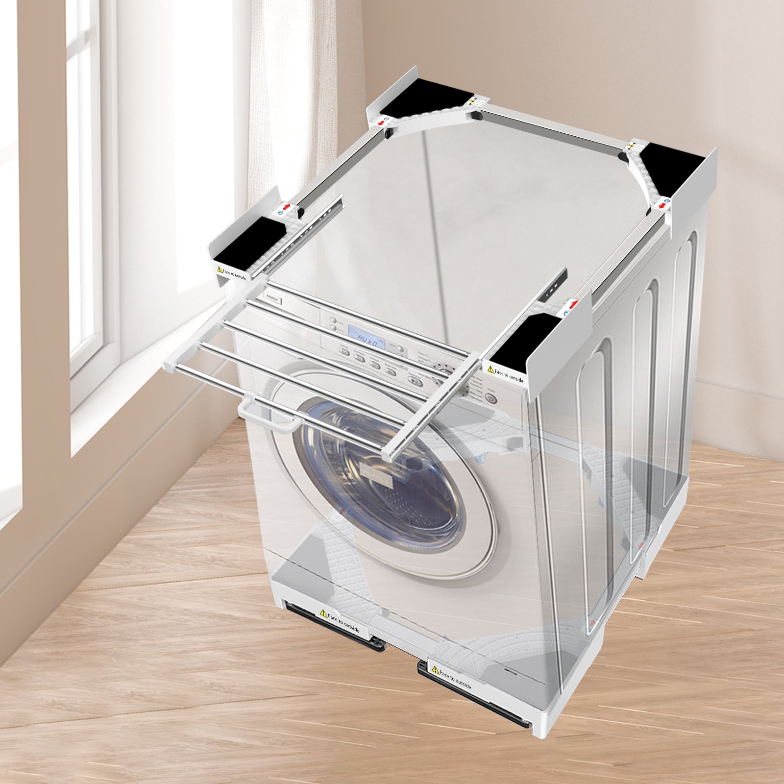 Expandable drying racks included with NIUXX stacking kit, mounted above the dryer.