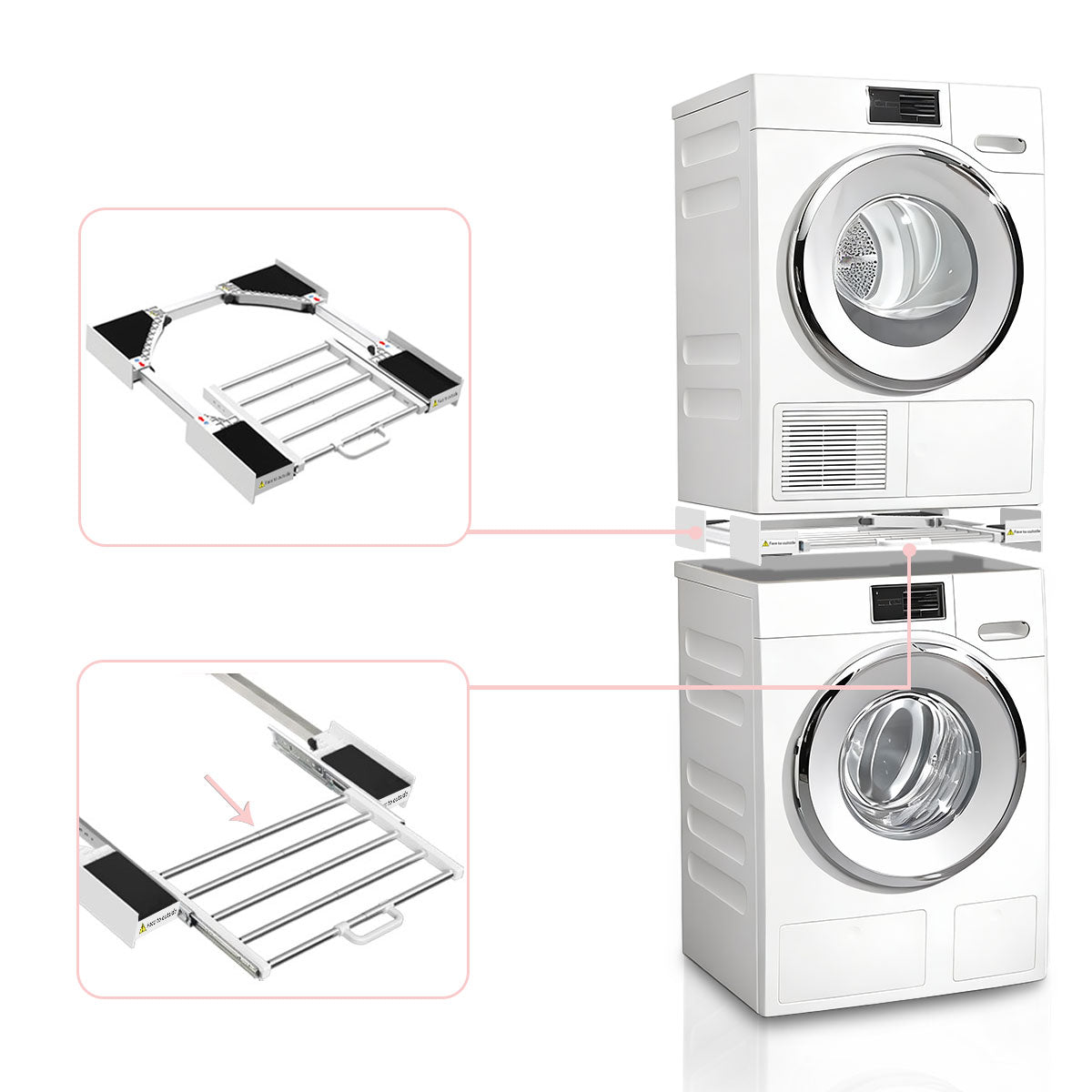 Adjustable stacking kit fitting 53 to 68 cm wide units