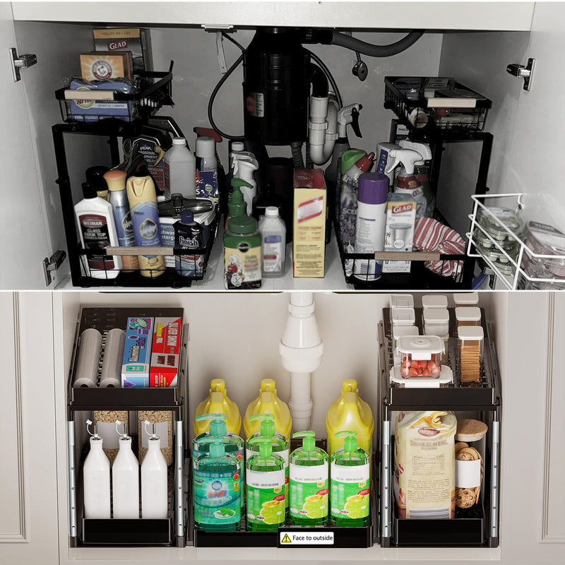 Kitchen storage shelves used as a spice rack under the sink.