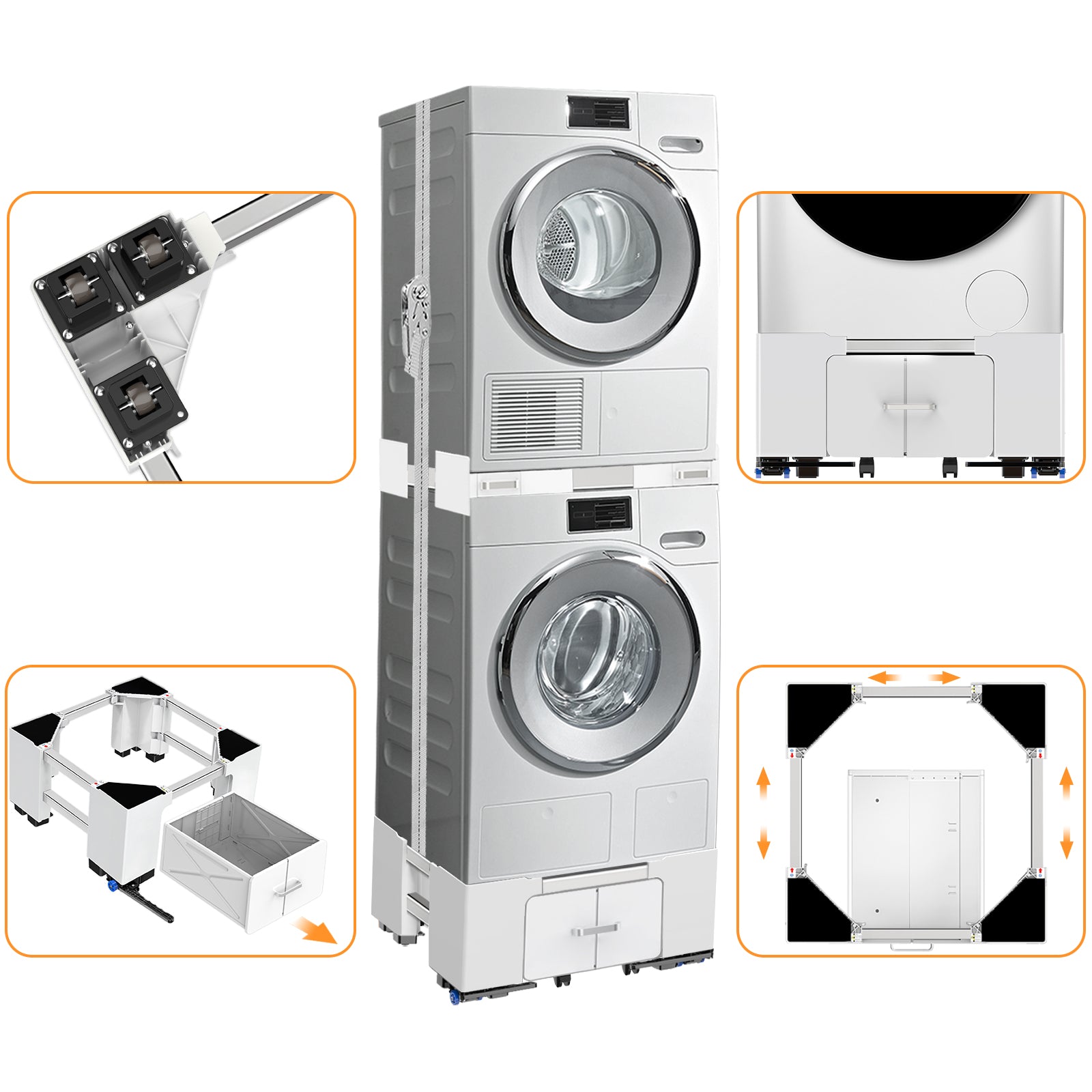 Adjustable width supports on washing machine stand to fit different machine sizes.