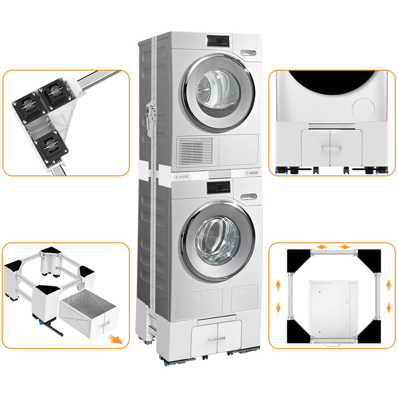 Adjustable width supports on washing machine stand to fit different machine sizes.