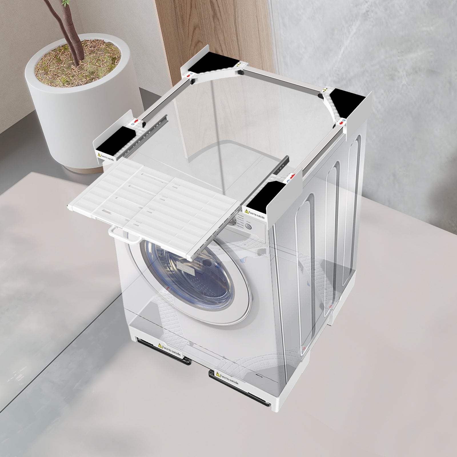 Movable base with wheels for easy repositioning of stacked laundry appliances