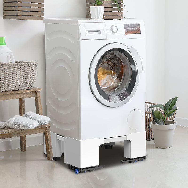 Demonstrating adjustable width from 42 to 70 cm to fit various washing machines.
