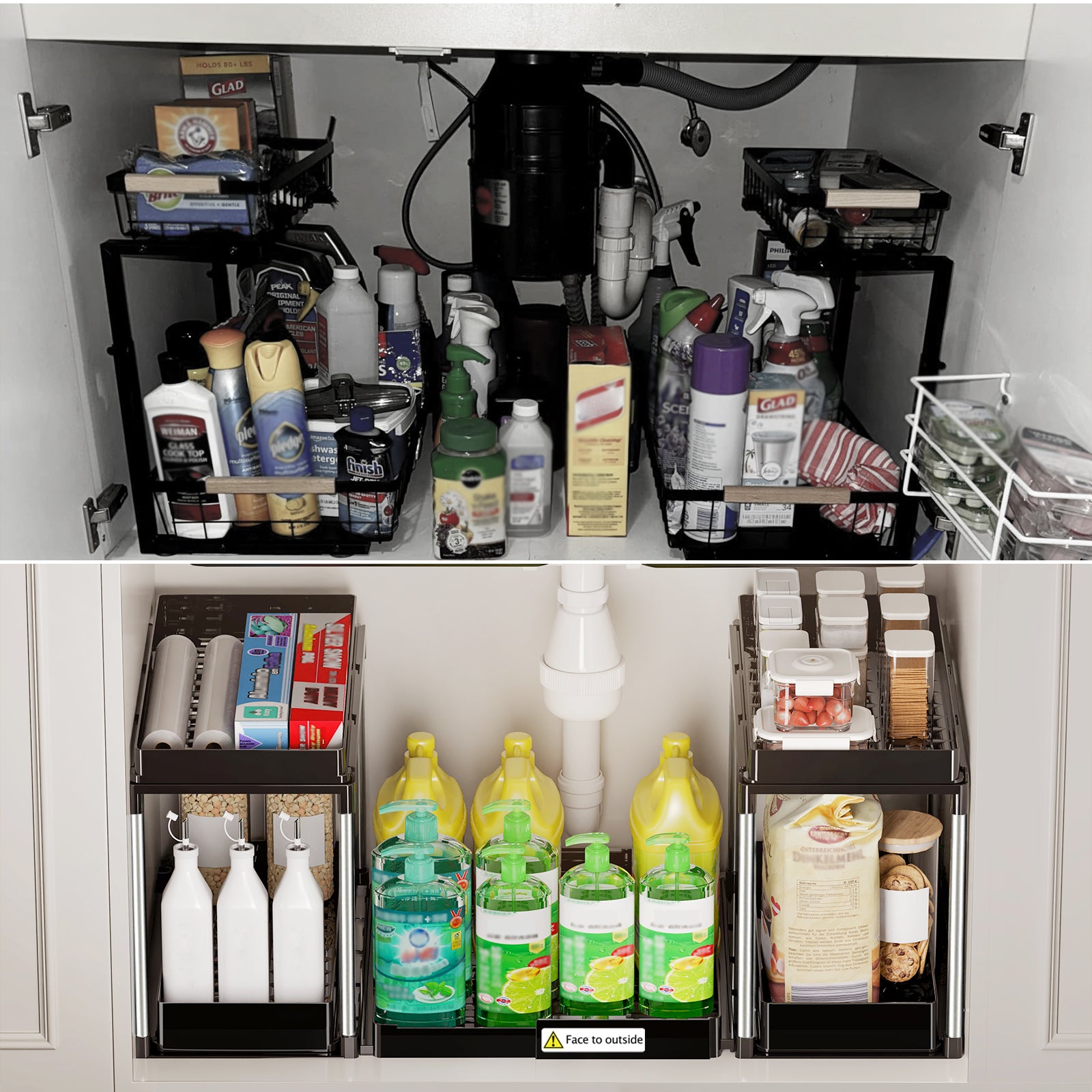 Expanded view of plastic under cabinet organizer with two sliding tiers