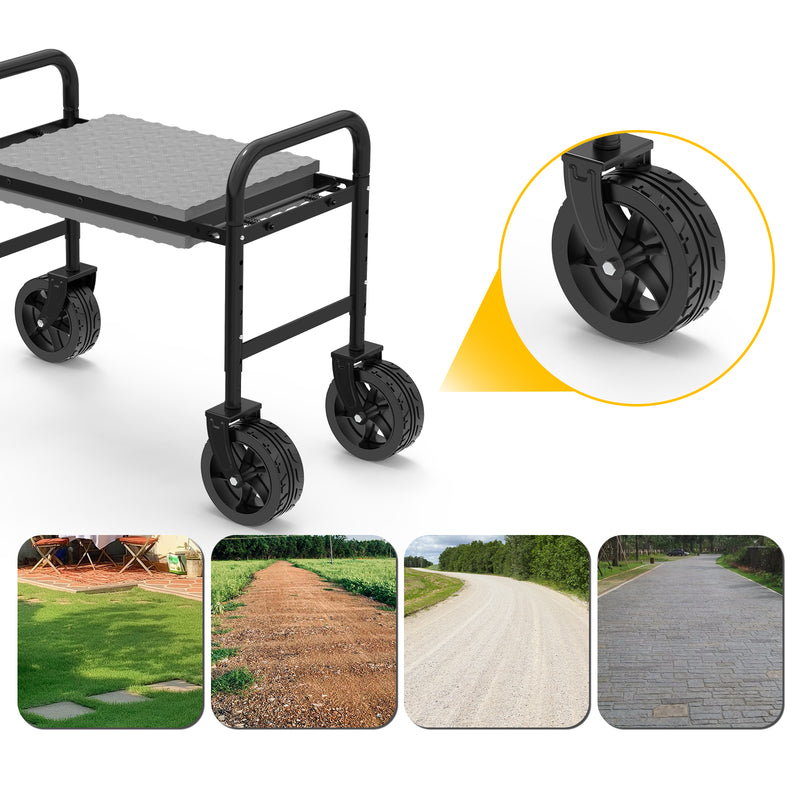 Side view of foldable garden kneeler stool showing metal frame and wheels