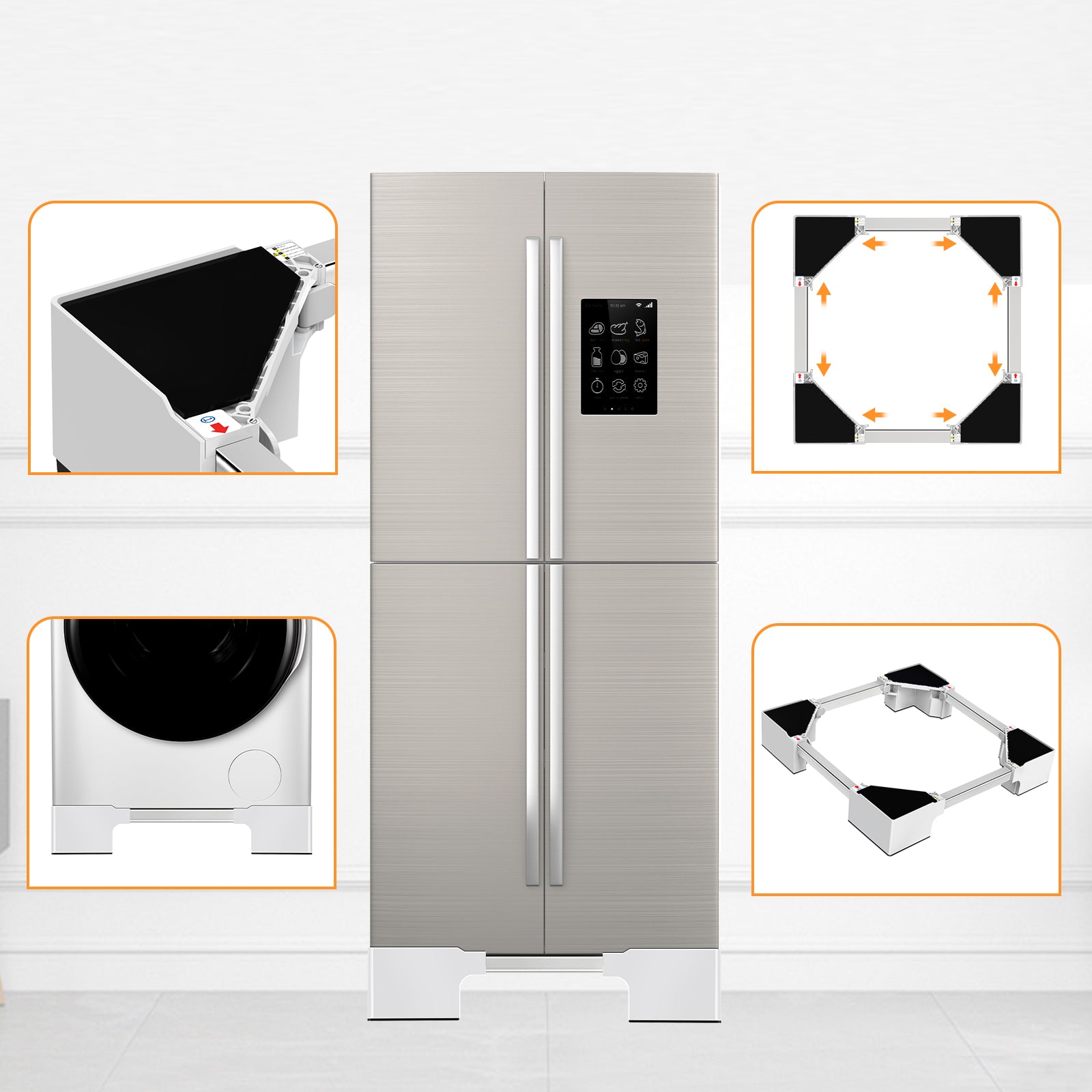 Refrigerator on adjustable stand with storage cabinet underneath for bathroom or kitchen.