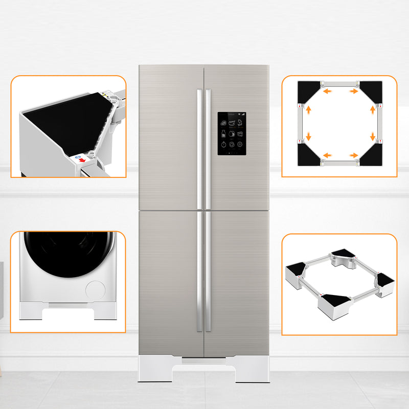 Refrigerator on adjustable stand with storage cabinet underneath for bathroom or kitchen.