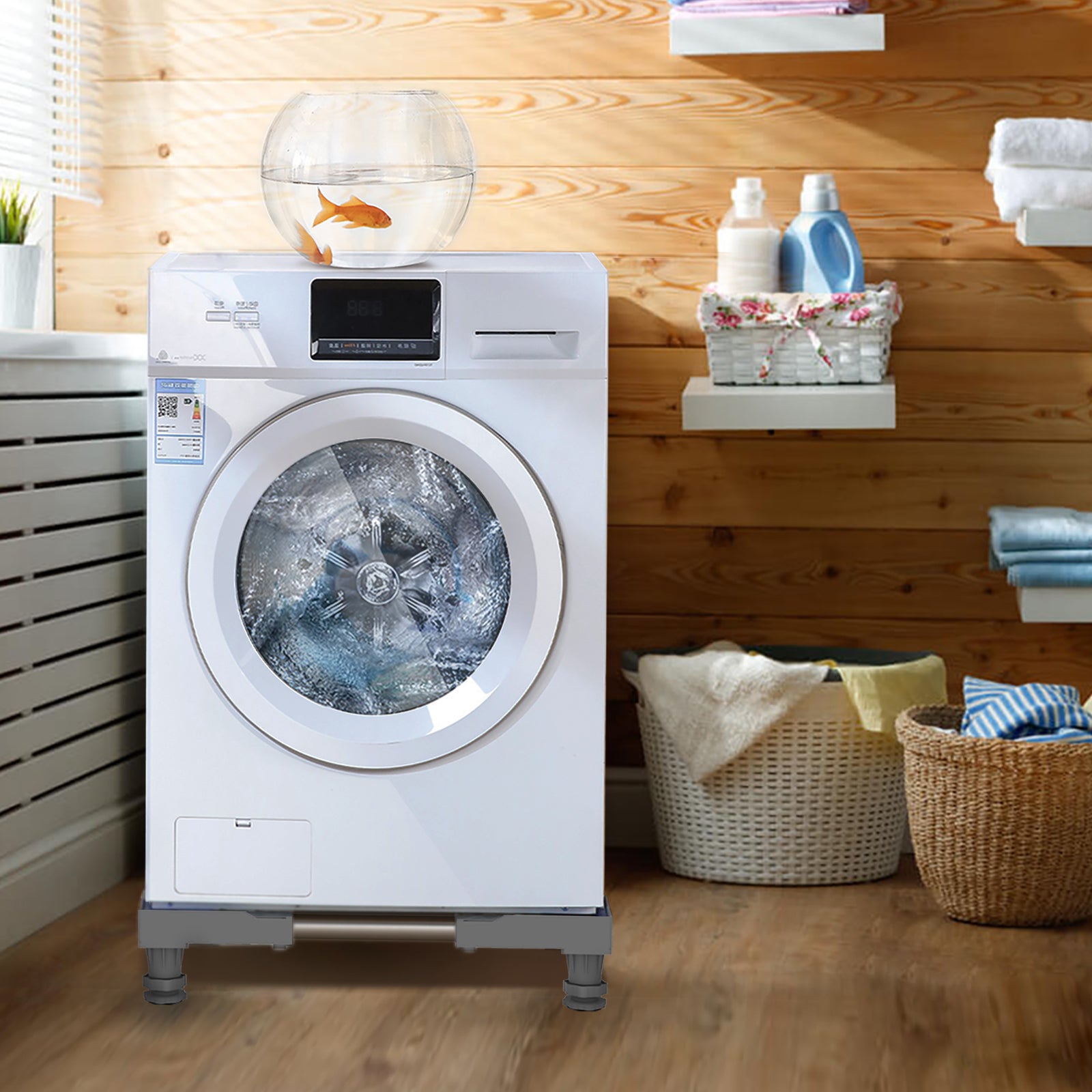 Close-up of adjustable feet on washing machine holder showing non-slip pads