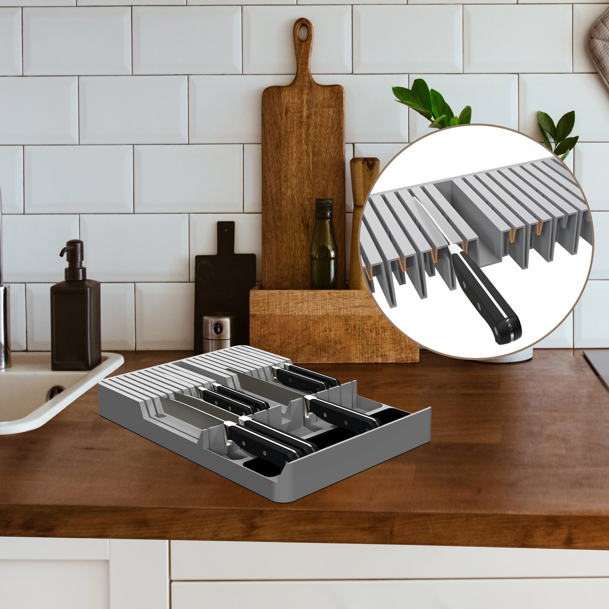 Close-up of knife slots in the drawer knife block