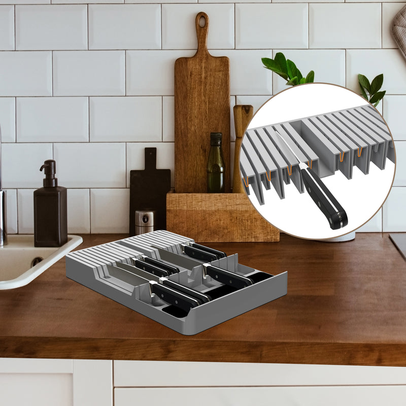 Close-up of knife slots in the drawer knife block