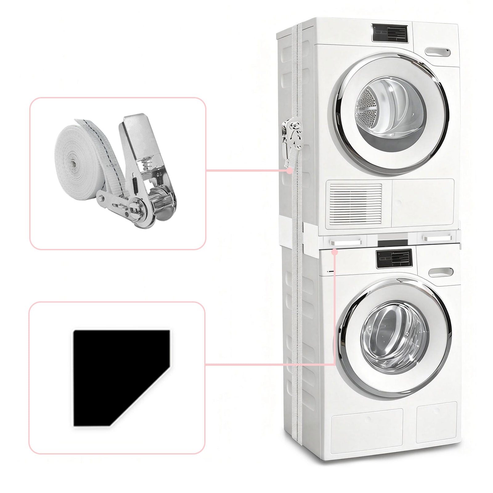 Adjustable stacking kit for washer and dryer, fits 56 to 69 cm width.
