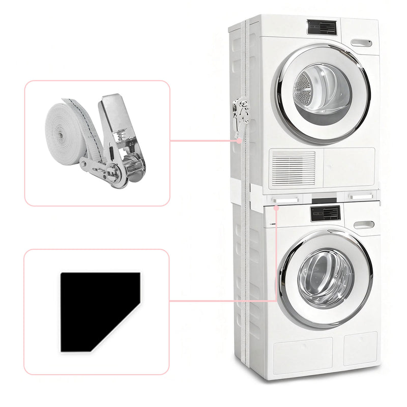 Adjustable stacking kit for washer and dryer, fits 56 to 69 cm width.
