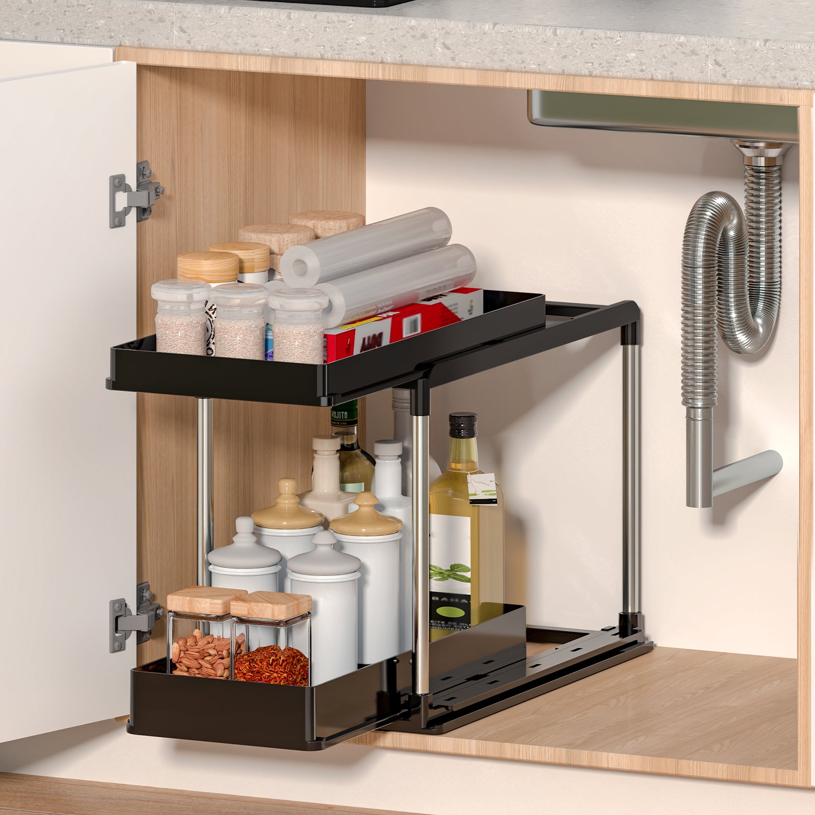 Under sink storage organizer installed in cabinet with bottles and sponges