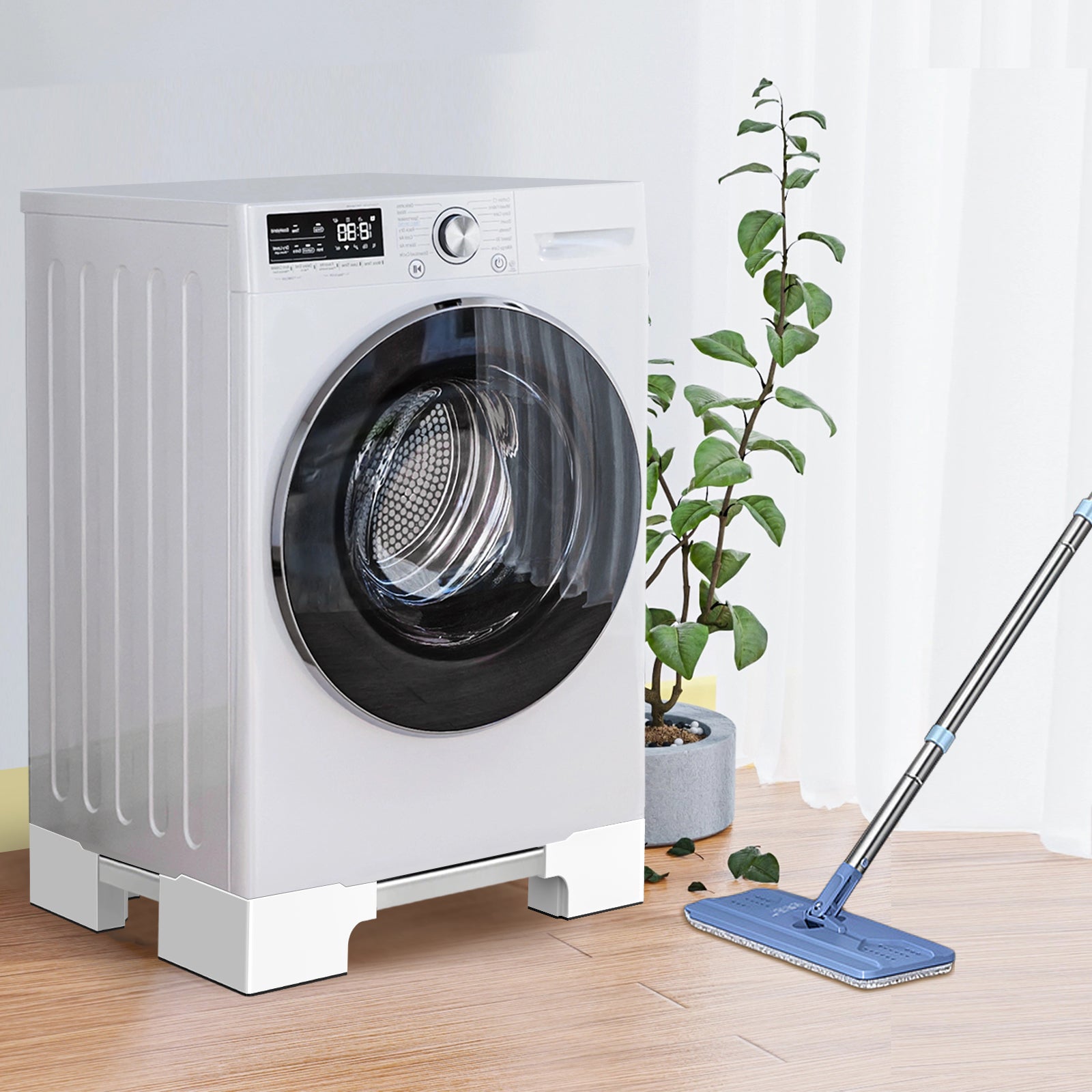 Mobile stand with plastic storage drawer and wheels for easy movement.