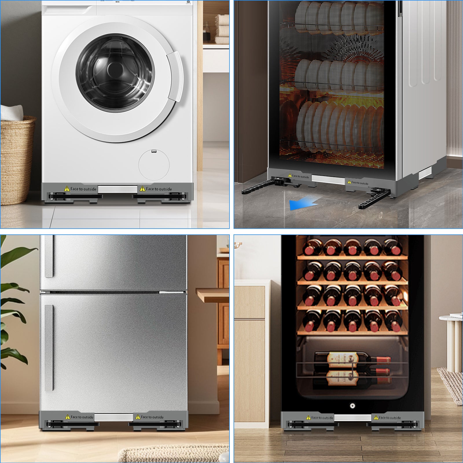 Wheels and pop-up brakes on washing machine stand for easy movement and locking