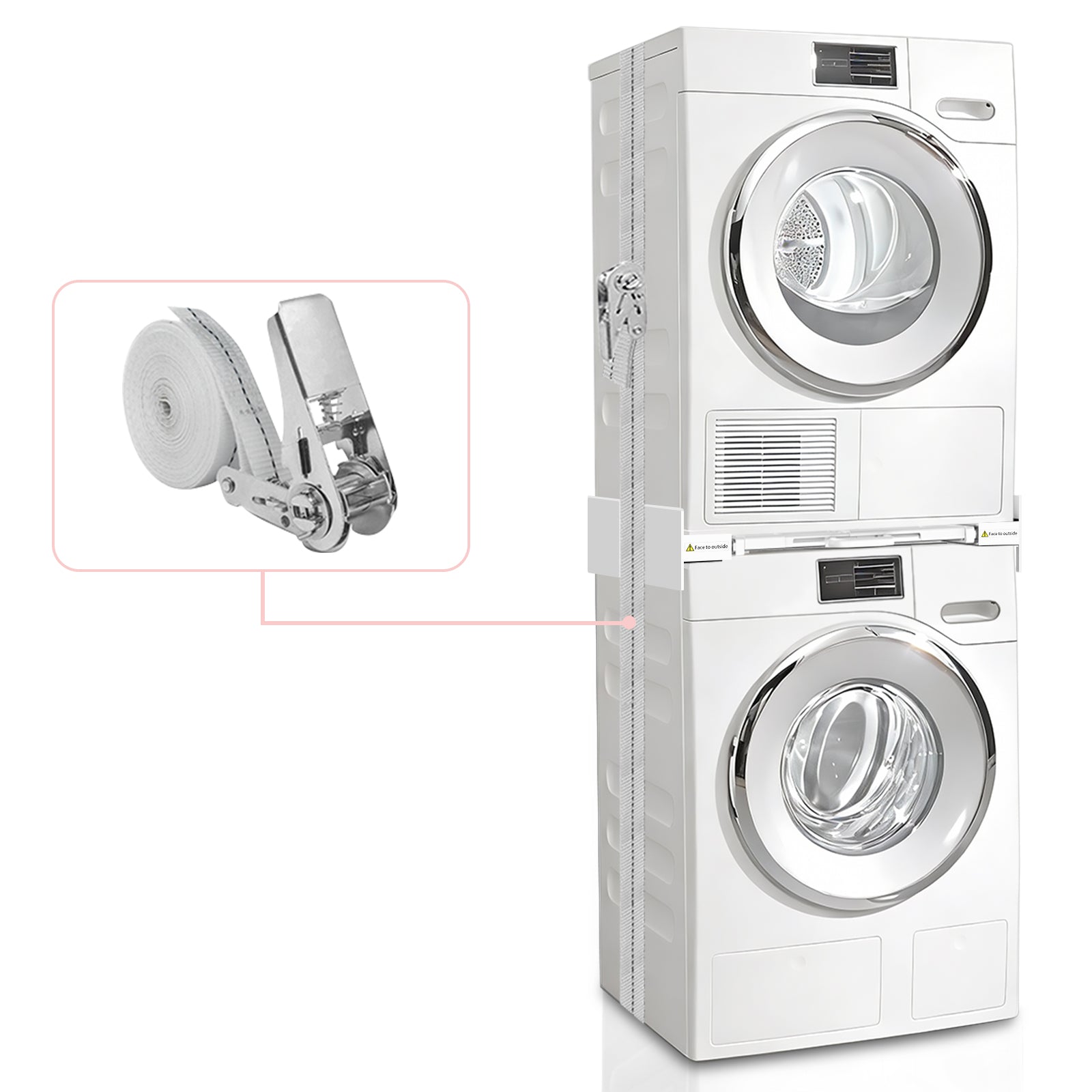 Close-up of stainless steel bracket and pull plate on washing machine stacking kit