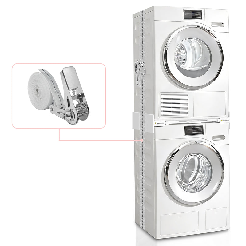 Close-up of stainless steel bracket and pull plate on washing machine stacking kit
