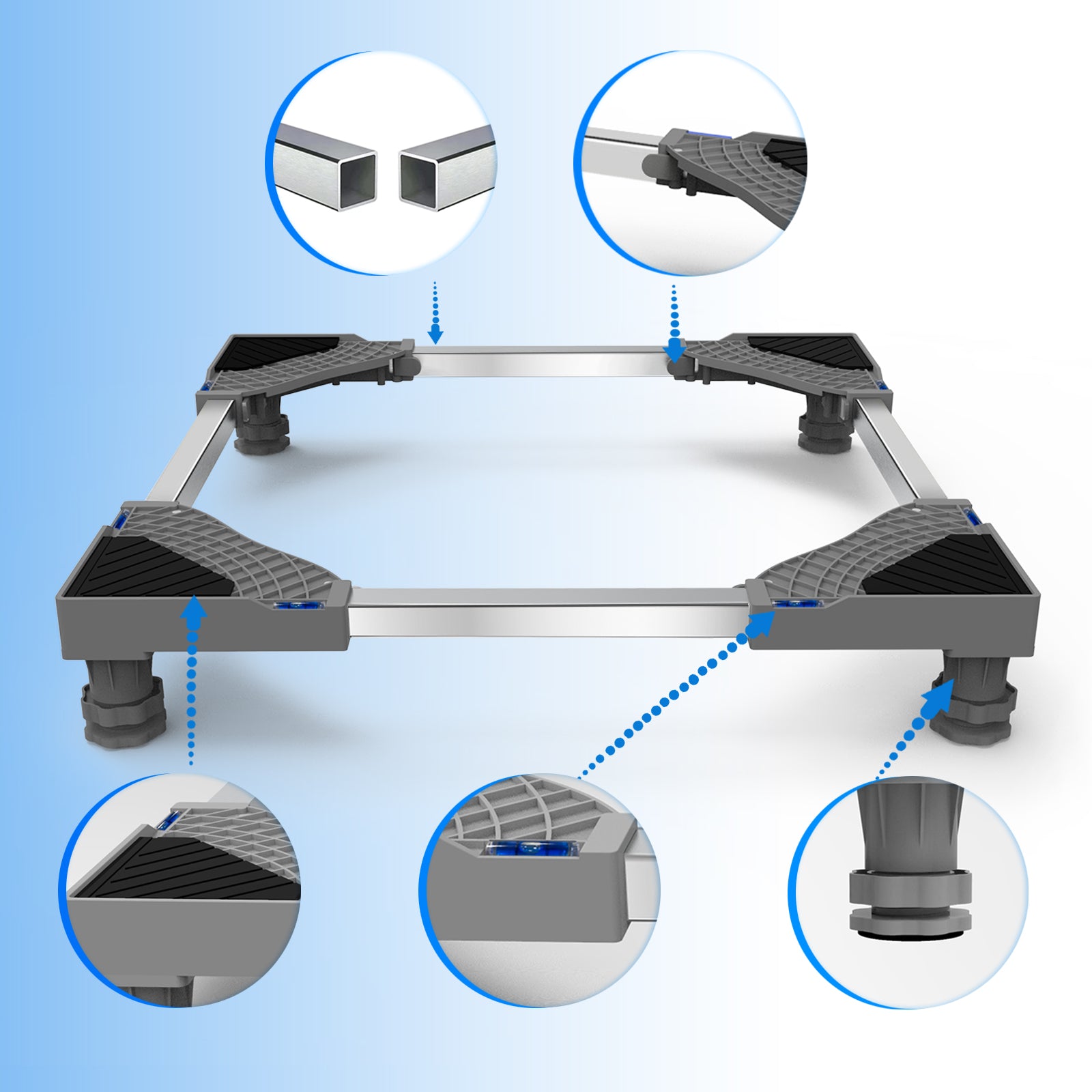 Shock-absorbing washing machine base with four support feet